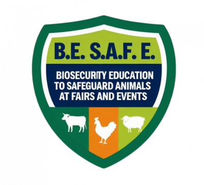badge with cow, chicken and sheep on it and words be safe: Biosecurity Education to Safeguard Animals at Fairs and Events