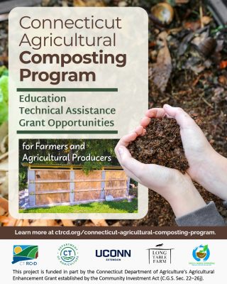 A flyer advertising the Agricultural Composting Program with a person holding a handful of compost and another image of a three bin aerated static pile composting system.